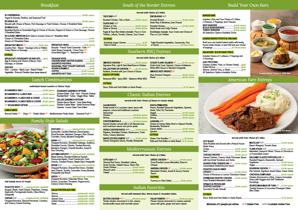 EAT Catering Concepts Fall 2026 menu, page 2: breakfast, lunch combinations, family style salads, Southern BBQ, American fare, Italian, Mediterranean and Asian fusion entrees