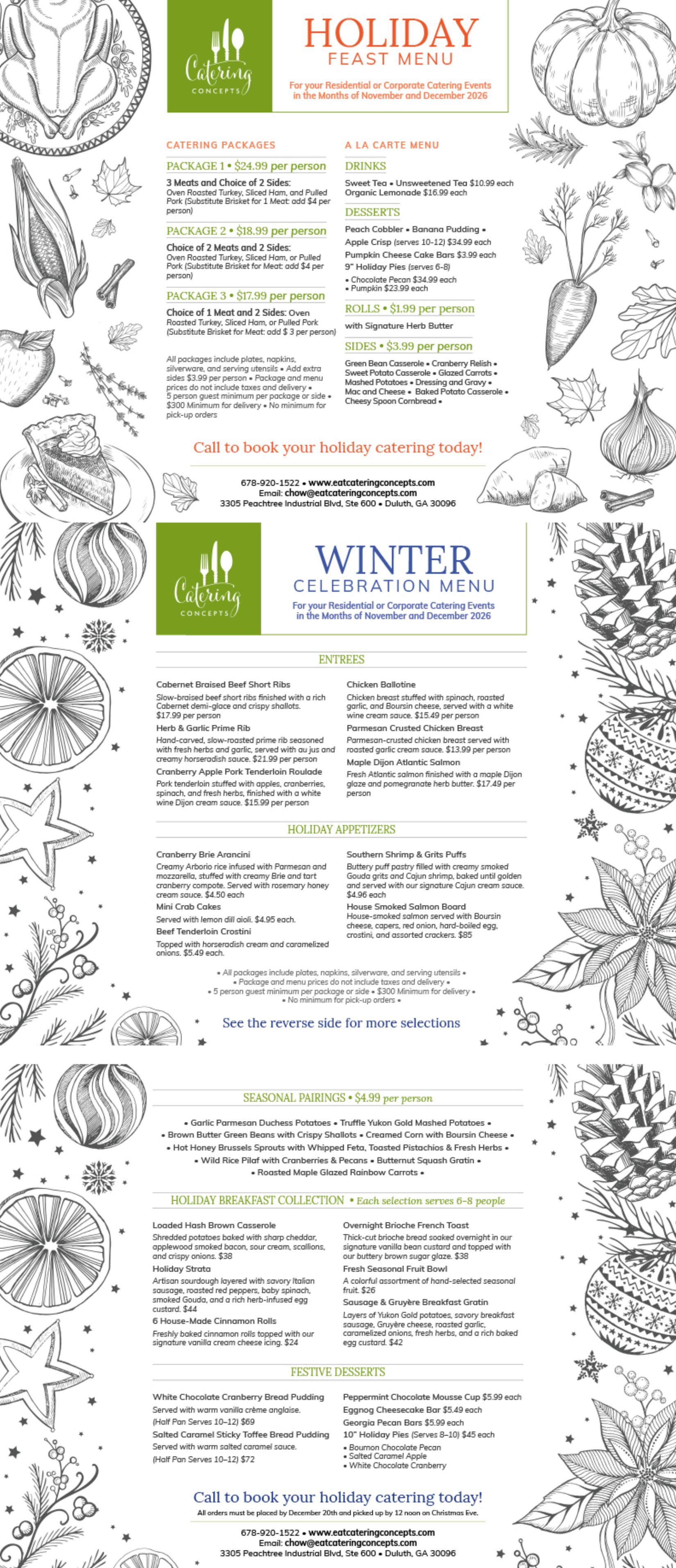 EAT Catering Concepts Holiday Feast and Winter Celebration menu: catering packages, entrees, holiday appetizers, seasonal pairings, holiday breakfast collection and festive desserts